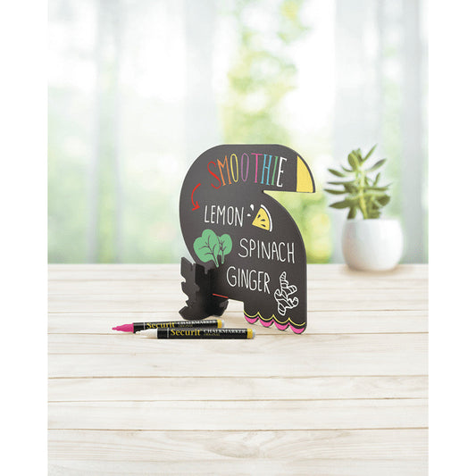 3D Tischaufsteller Kreidetafel in Form eines Tukan Vogel, aufgestellte 3D Kreidetafel Tukan verwendet als Notiztafel für Smoothies