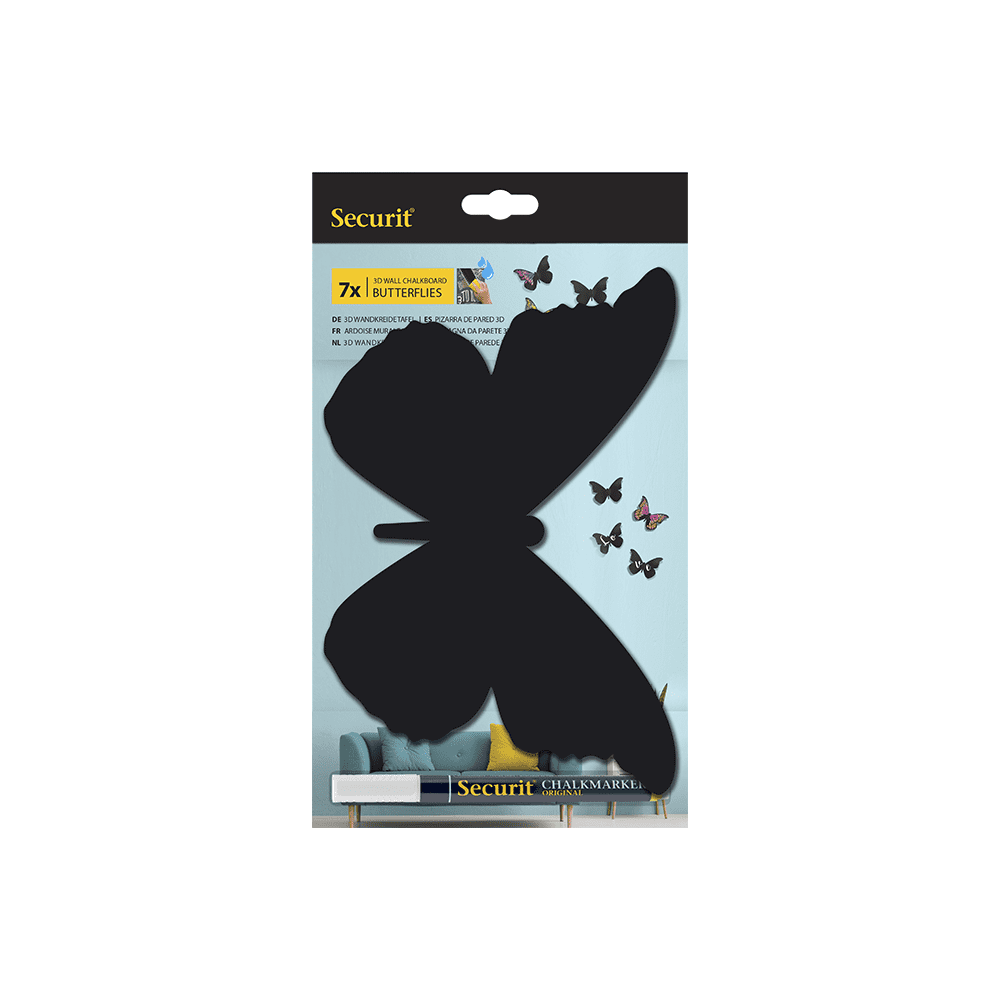 7er Set Kreidetafel Silhouetten in 3D Schmetterlingsform inklusive 1 weisser Kreidemarker und Aufhängeset