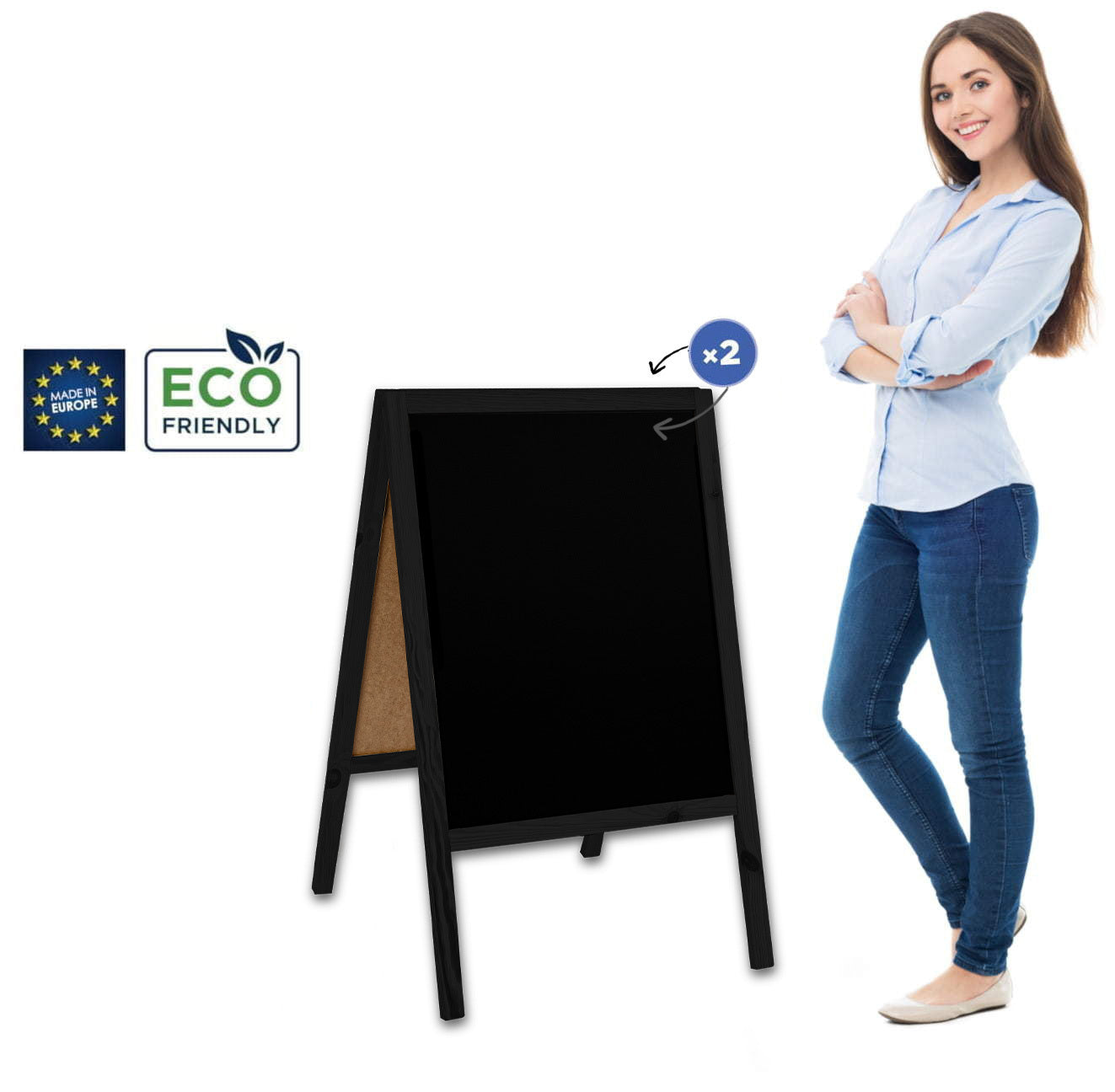 Holz Kreidetafel-Aufsteller, 60x100cm, Schwarz, Indoor