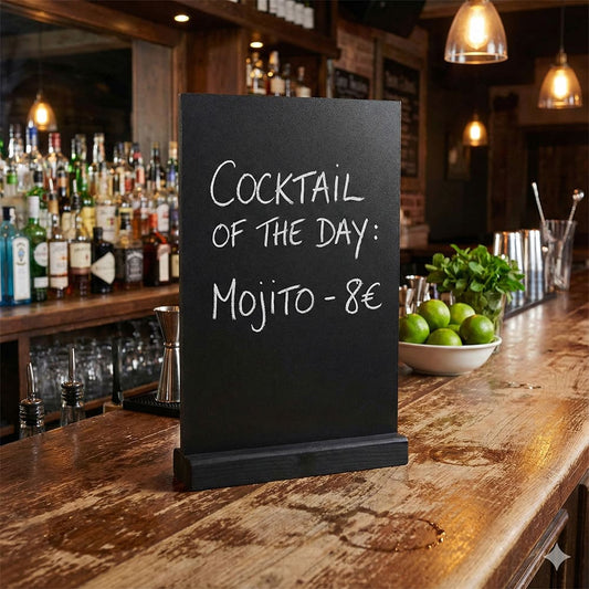 Tischaufsteller-Kreidetafeln mit Holzbasis Schwarz, Hoch- und Querformat