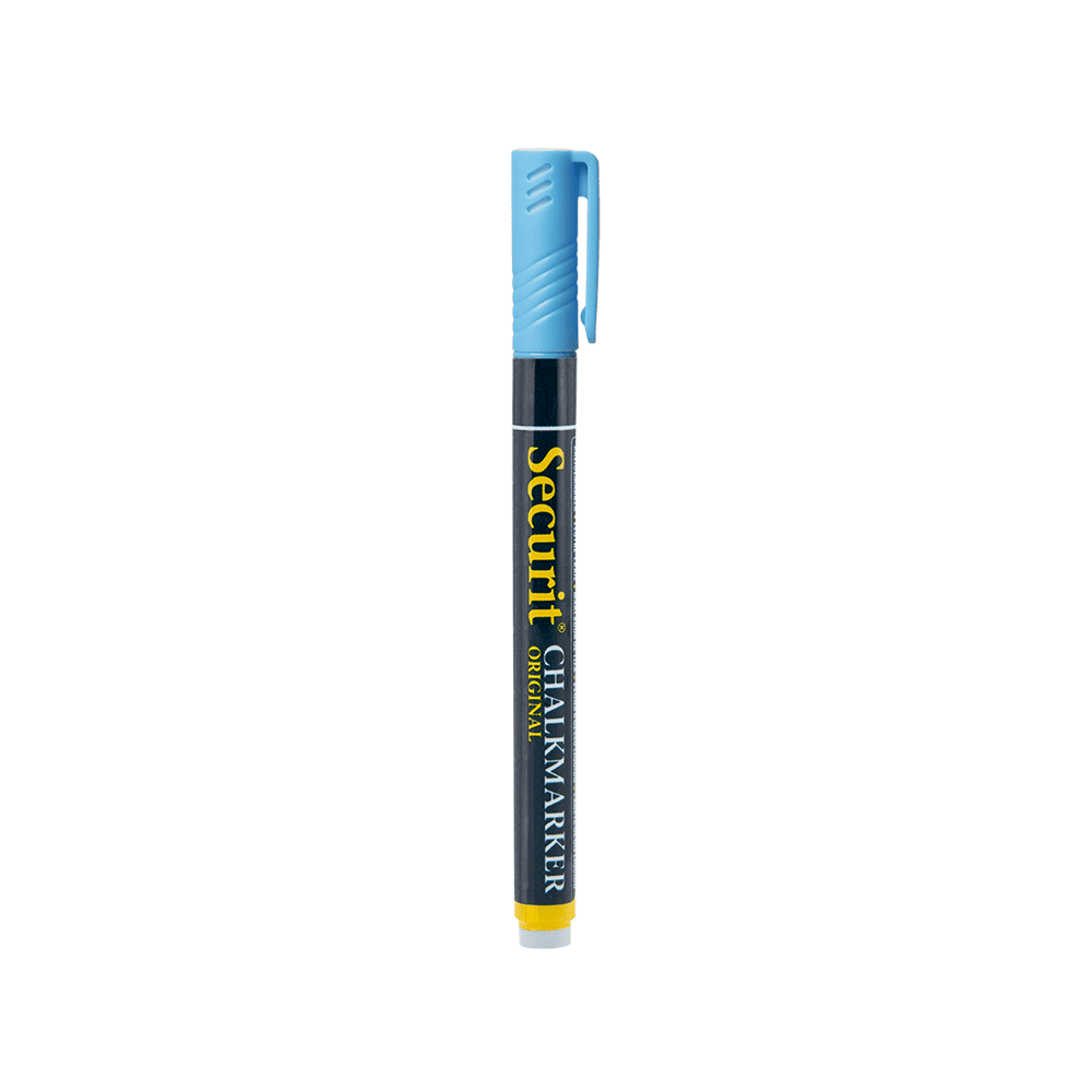blauer Kreidemarker Securit mit 1-2mm Spitze, Kreidestift blau für das Beschriften von dunklen Kreidetafeln, Boards und Glas, wasserlöslich