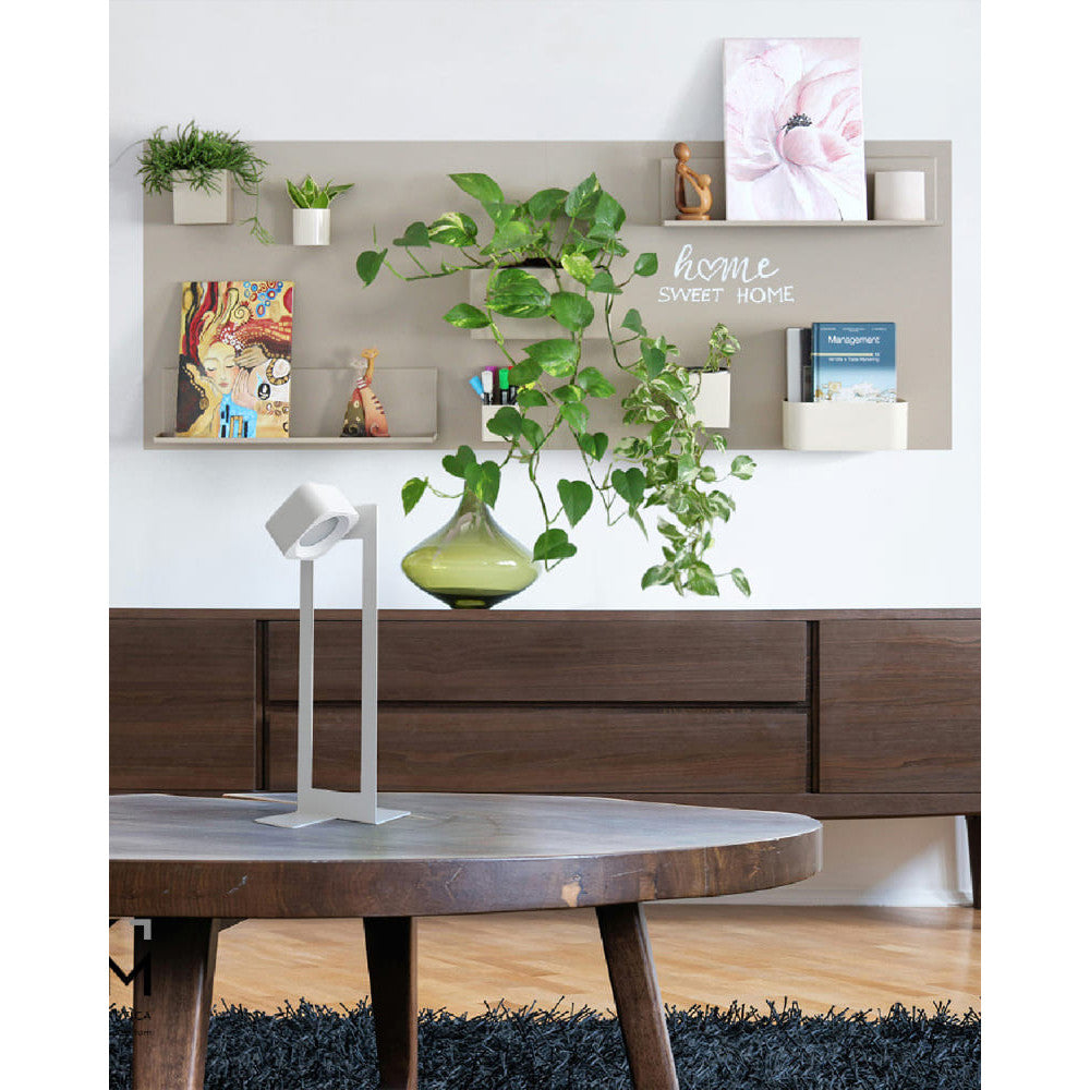 Breite beigefarbene Kreidetafel über dem Sideboard, mit magnetischen Pflanzenhaltern, Bildern, Büchern und dem Schriftzug Home Sweet Home –