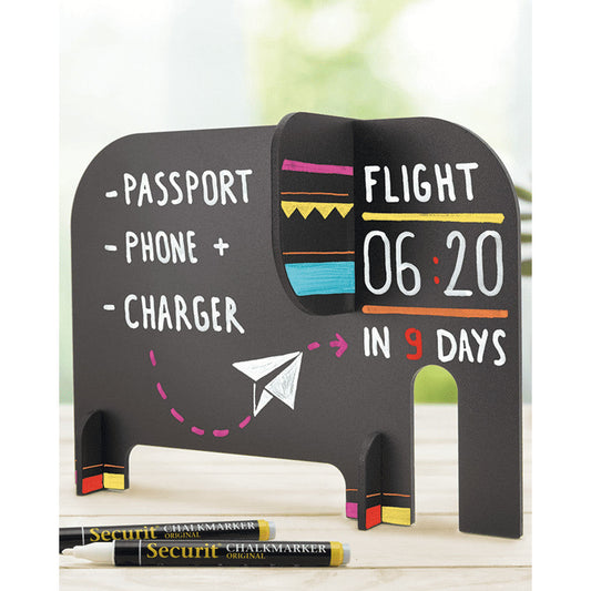 Elefant Tischkreidetafel 3D zum Selbstaufbauen und beschriftet mit farbigen Securit Krieidemarker