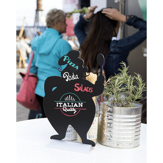 farbig beschrifteter Tischaufsteller in Chefkoch Formsilhouette