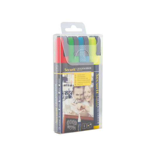 farbiges Kreidemarker Securit mit 4 Kreidestiften Gelb Rot Blau und Rot, Kreidestifte für das Beschriften von Kreidetafeln und Kundenstopper