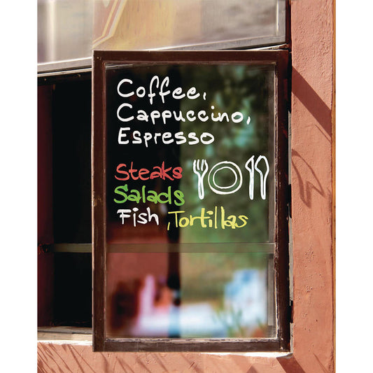 Glas Schaufenster beschriftet mit Edding Kreidemarker Weiss und farbig