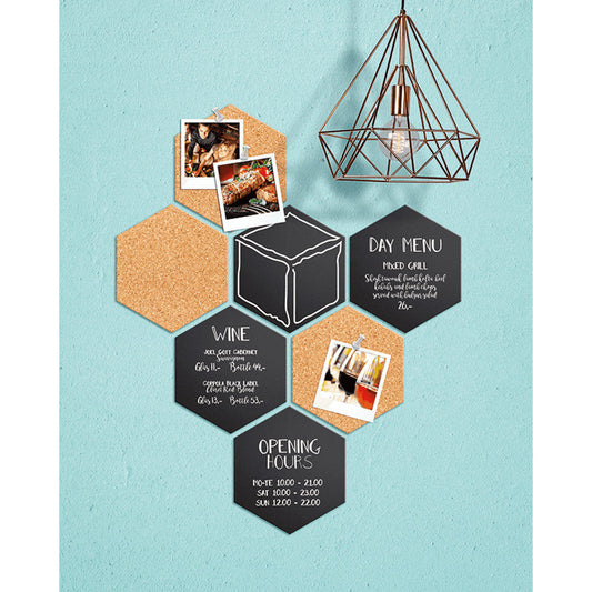Hexagon Krreidetafel Silhouette mit Korktafeln im 7er Set beschriftet mit Angeboten und Preislisten