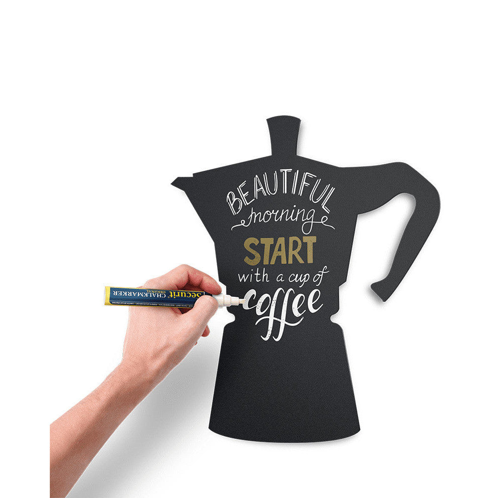 Kaffeekanne Kreidetafel Silhouette beschriftet mit weissem und goldenem Kreidemarker Securit