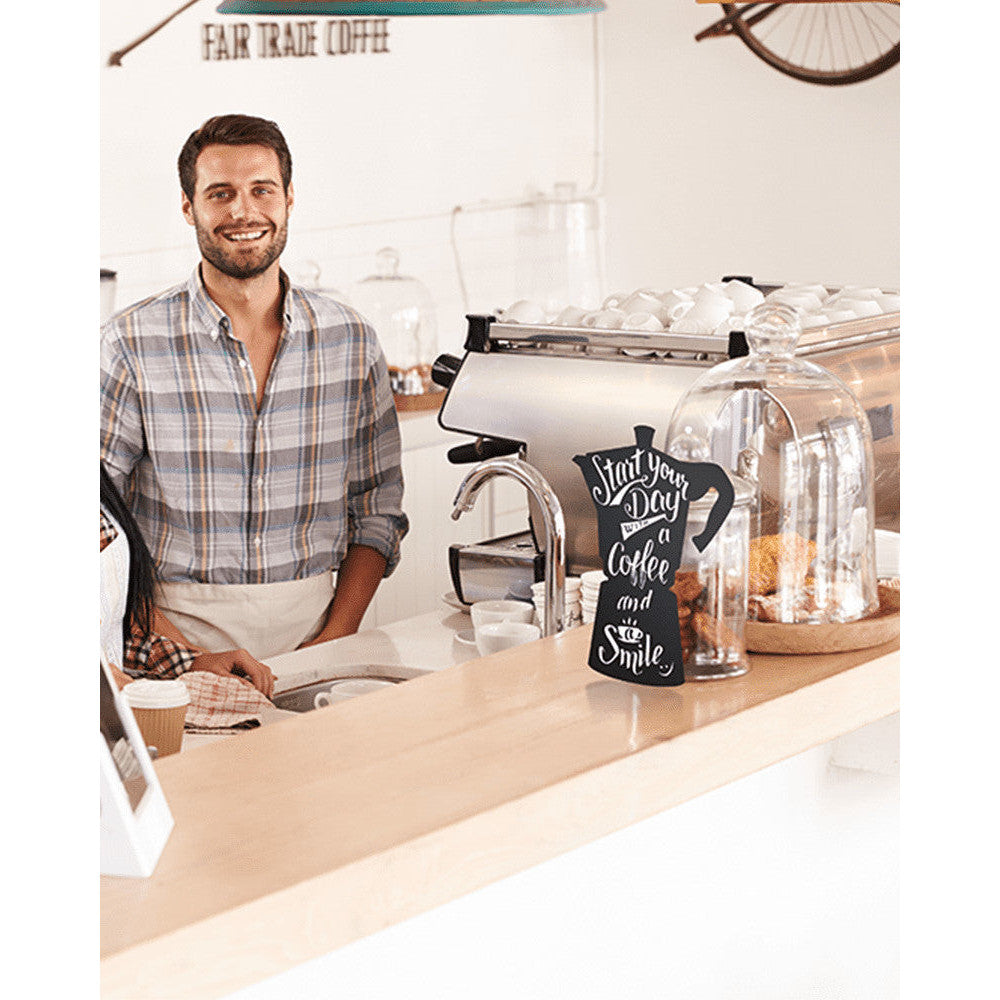 Kaffeekannen Silhouetten-Kreidetafel verwendet als Tischaufsteller und beschriftet mit weissem Kreidemarker von Securit
