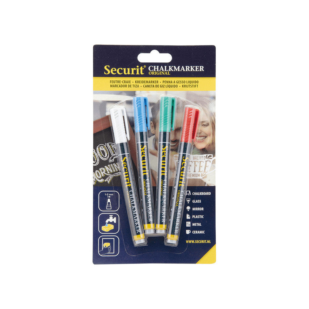 Kreidemarker 4-Set von der Marke Securit, weiss blau grün und rot, 1-2mm Strichbreite