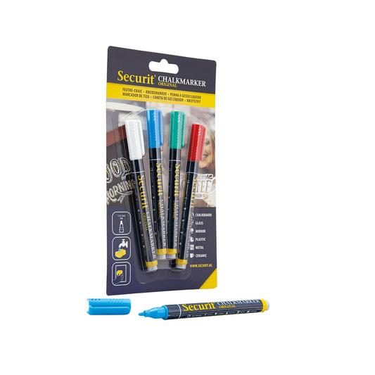 Kreidemarker 4-Set von der Marke Securit, weiss blau grün und rot, 1-2mm Strichbreite, offener Kreidestift