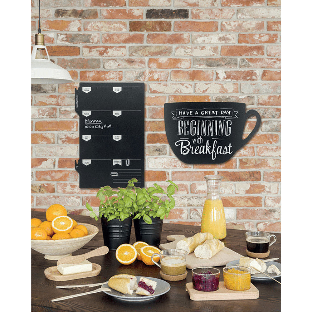 Kreidetafel ohne Rahmen als Wochenplaner und Kaffeetassen Form Silhouette, Kreidetafel Kaffeetasse beschriftet mit Securit Kreidemarker