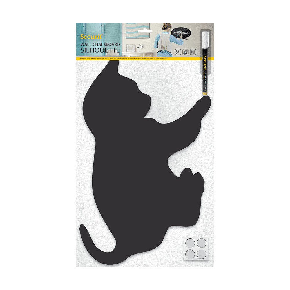 Kreidetafel Silhouette Katze inklusive Wandmontageset und Kreidemarker Securit weiss