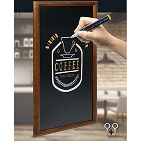 Lange Kreidetafel aus Holz mit gerundetem dunkelbraunem Holzrahmen, Kreidestift Beschriftung