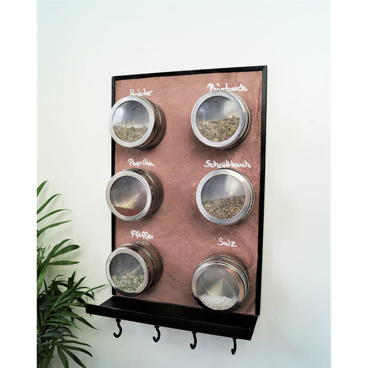 magnetische Küchenwandtafel aus Schiefer mit Ablage und magnetischen Gewürzdosen