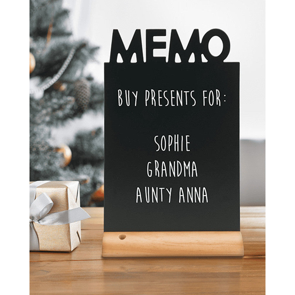 Tischkreidetafel „MEMO“ Aufsteller 21×35 cm mit Holzfuss