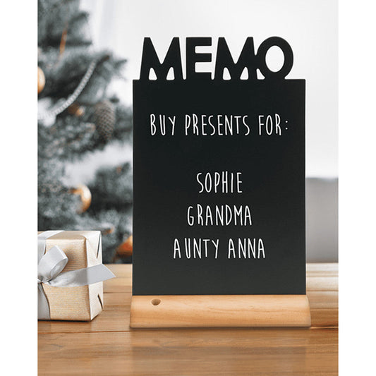 Tischkreidetafel „MEMO“ Aufsteller 21×35 cm mit Holzfuss