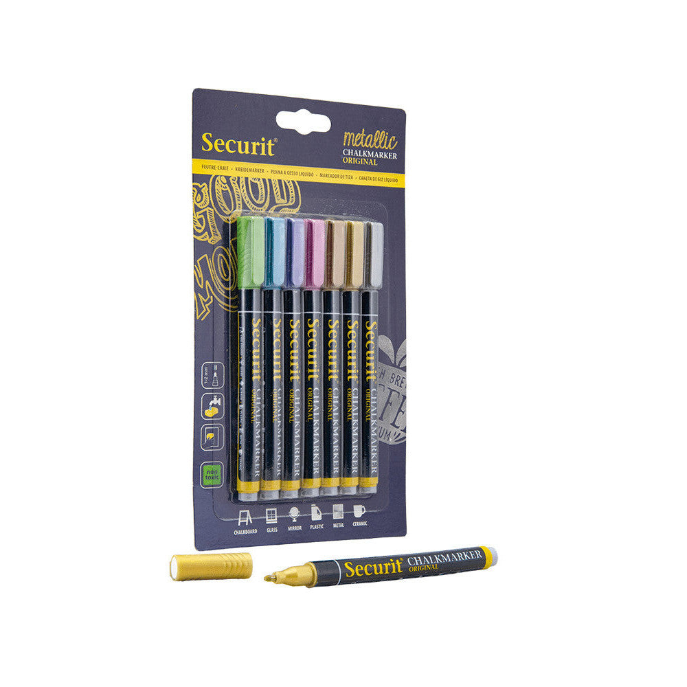 Metallische Kreidemarker von der Marker Securit, Kreidestifte Metallic für Glas und Kreidetafeln im 7er Set