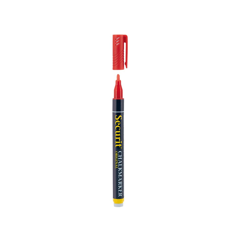 roter Kreidemarker von der Marke Securit, bunter Kreidemarker rot für das Beschriften von Kreidetafeln und Glas mit Blumen, Herzen und anderen Motiven