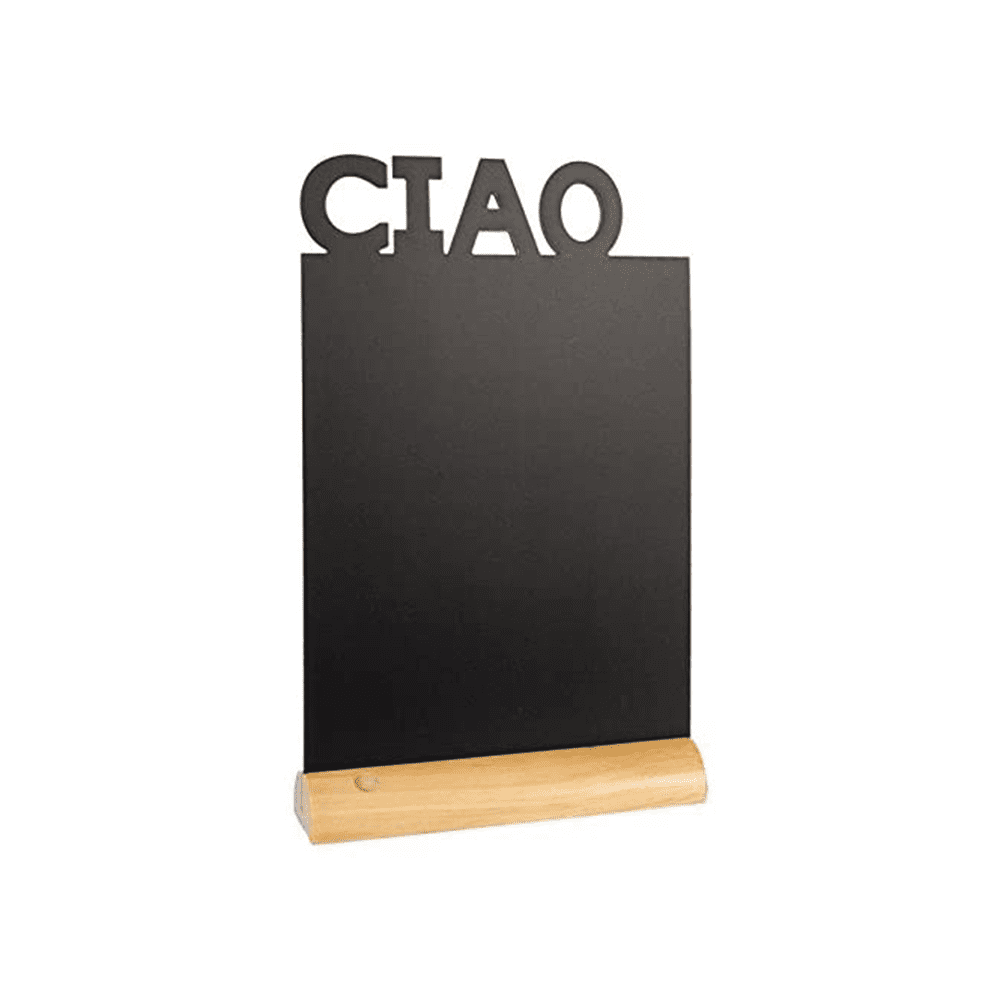 schwarze Tischkreidetafel rechteckig ciao zum Aufstellen auf Tischen in Restaurants, Bars als Willkommens Tischtafel