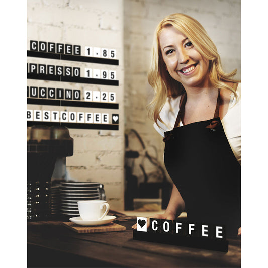 Securit-Buchstabenleiste-mit-schwarzem-Sockel-für-ein-Kaffee