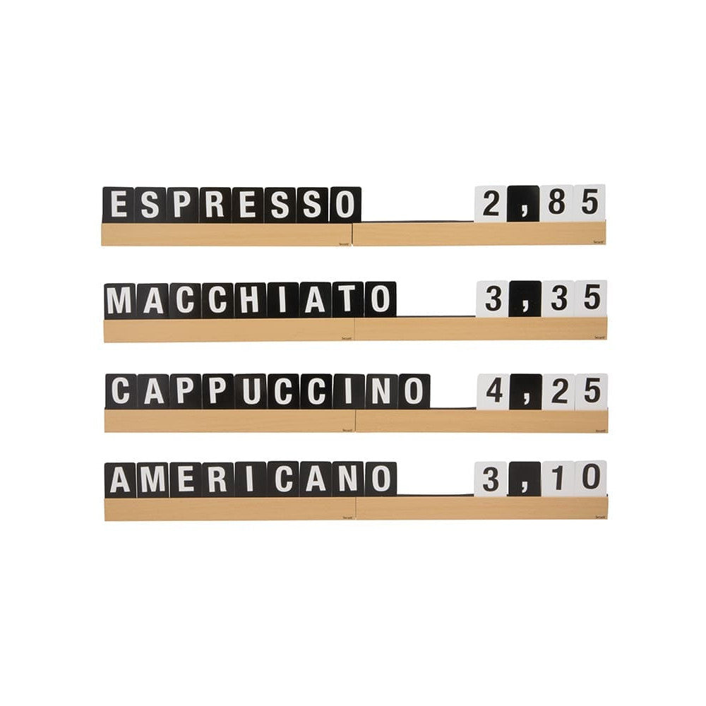 Securit® Buchstabenregal, Teak, 4 Leisten á 25 cm, inkl. Wandmontageset und 169 doppelseitigen Buchstaben-, Zahlen- und Symbolkarten
