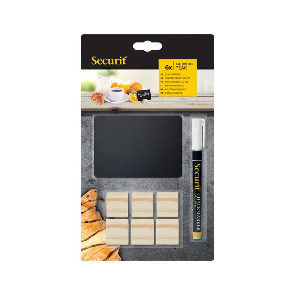 Securit® Holz-Aufsteller für TAGs, 6 Stück inkl. 6 TAG's in A7 und 1 Securit Kreidestift