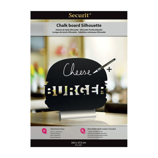 Securit Tischaufsteller Kreidetafel Burger Form Silhouette mit Aluminium Sockel inkl. Kreidemarker weiss