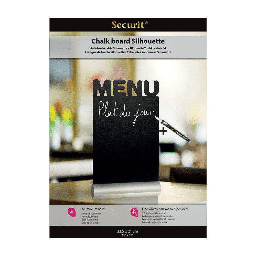 Securit Tischaufsteller schwarz eckig mit Aufschrift MENU und Aluminiumsockel zum Aufstellen auf Tischen