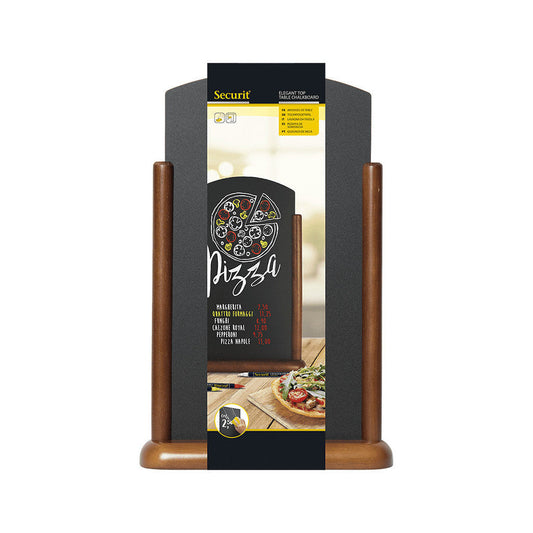 Tischaufsteller aus Holz mit beschriftbarer Kreidetafel, Securit Tischkreidetafel Dunkelbraun gerundet