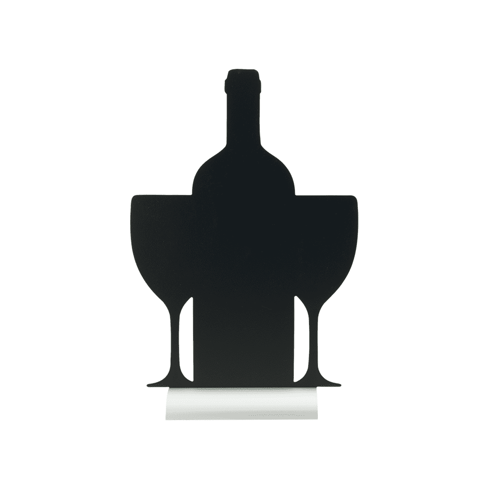 Tischaufsteller Weinflaschenform mit Gläser, Tischkreidetafel mit Alusockel zum Beschriften mit Kreide und Kreidemarker