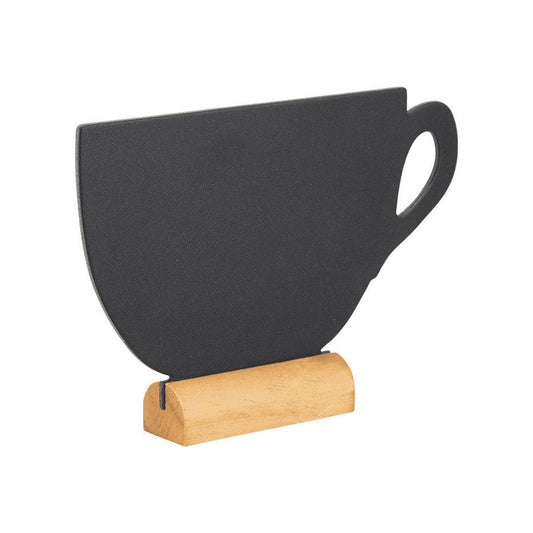 Tischkreidetafel Aufsteller in Kaffeetassenform mit hellbraunem Holzfuss beschriftbar mit Securit Kreidemarker