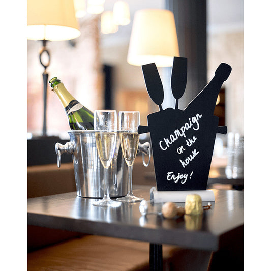 Tischkreidetafel Aufsteller mit Alufuss in Champagnerform beschriftet mit Securit Kreidemarker weiss