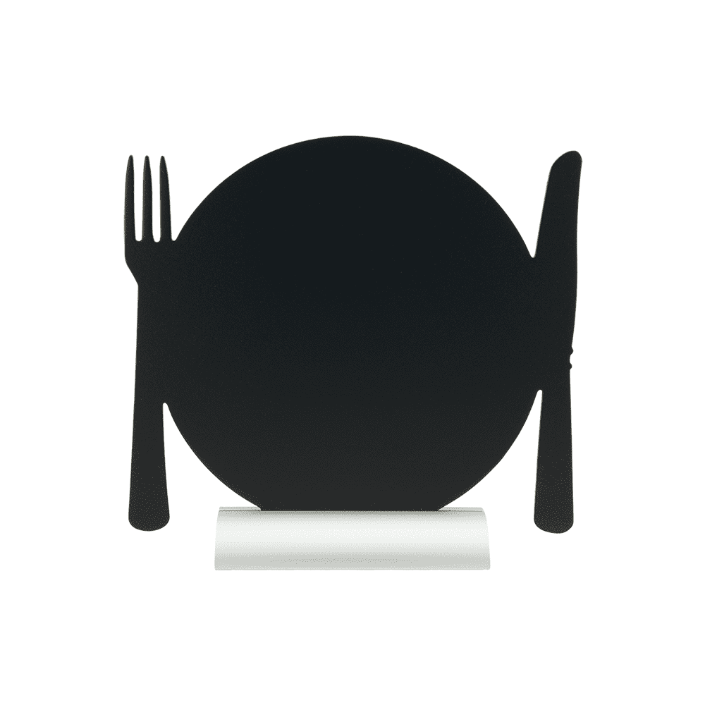 Tischkreidetafel in Form eines Tellers mit Besteck, Gastro Tischtafel Securit zum Beschriften als Menütafel