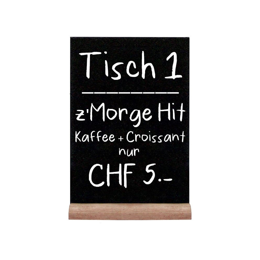 Tischkreidetafel mit Holzsockel mit Angebot beschriftet