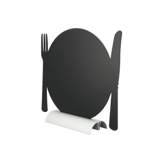 Tischkreidetafel Aufsteller mit Aluminiumfuss, "Teller mit Besteck" Form-Silhouette, 25x24cm