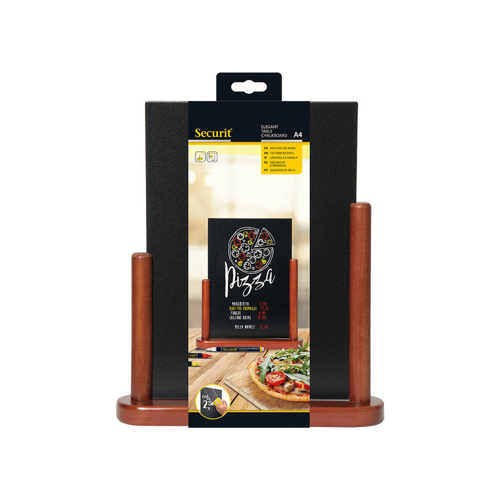 Tischtafel mit beschriftbarer Kreidetafel, Mahagoni Tischaufsteller aus Holz DIN A4