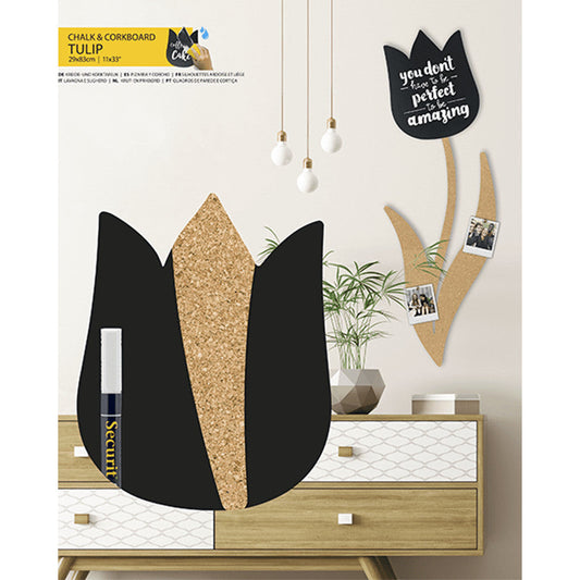 Tulpen Kreidetafel Silhouette aufgehängt Zuhause als Dekoration für Wand und Wohnraum, beschriftete Tulpen Kreidetafel mit Kork