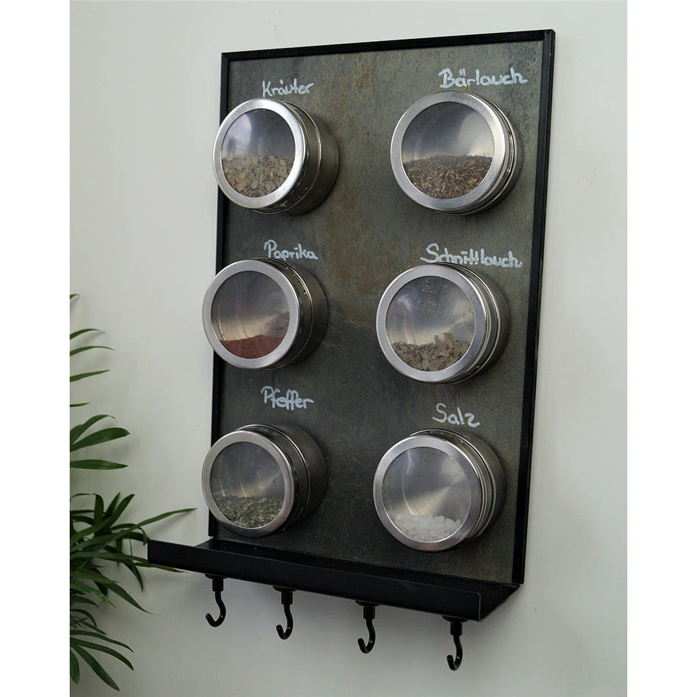 Wandtafel Küche aus Schiefer magnetisch mit Gewürzdosen und Magnetische Hacken für Küchenutensilien