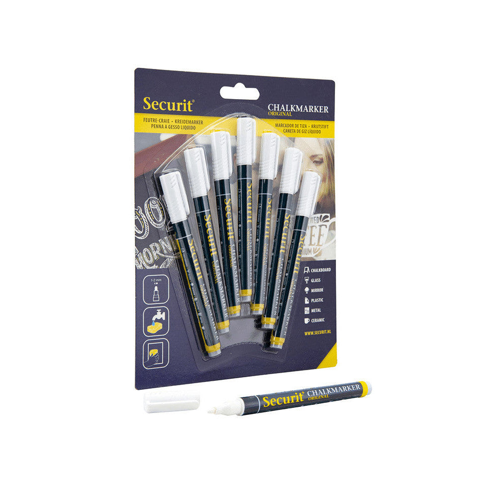 weisse Kreidemarker Marke Securit, 1-2mm Strichbreite, Kreidestifte für Kreidetafeln und Boards, 7-er Set weiss