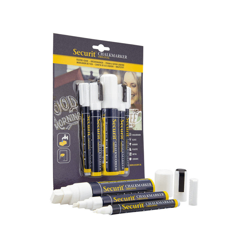 weisses Kreidemarker Set mit verschiedenen Strichbreiten, 1-2mm + 2-6mm + 7-15mm, Kreidemarker Securit weiss im 5-er Set