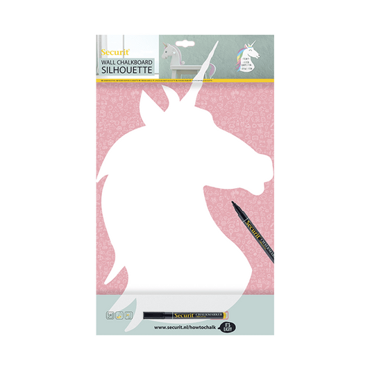 Weisse Unicorn Kreidetafel Silhouette für Kinder zum Beschriften mit Kreidemarker Securit, inklusive Wandmontageset und 1 Kreidemarker schwarz