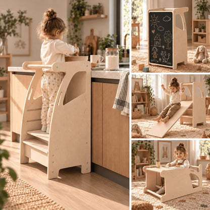 4-in-1 Kinder-Kreidetafel aus Holz mit Lernturm, Rutsche & Tisch