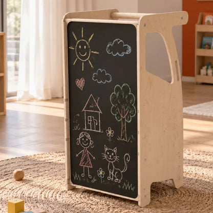 4-in-1 Kinder-Kreidetafel aus Holz mit Lernturm, Rutsche & Tisch