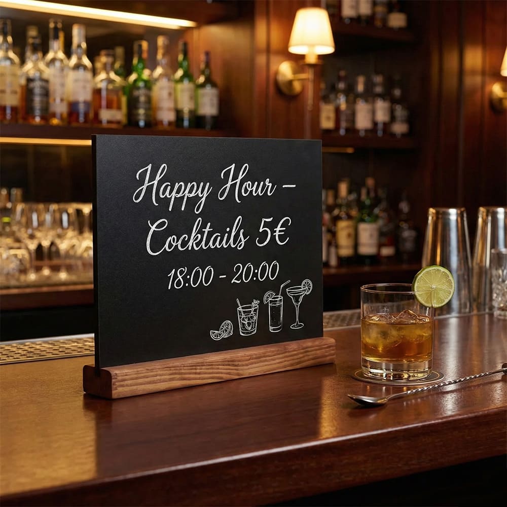 Tischaufsteller-Kreidetafeln mit Holzbasis Braun, Hoch- und Querformat