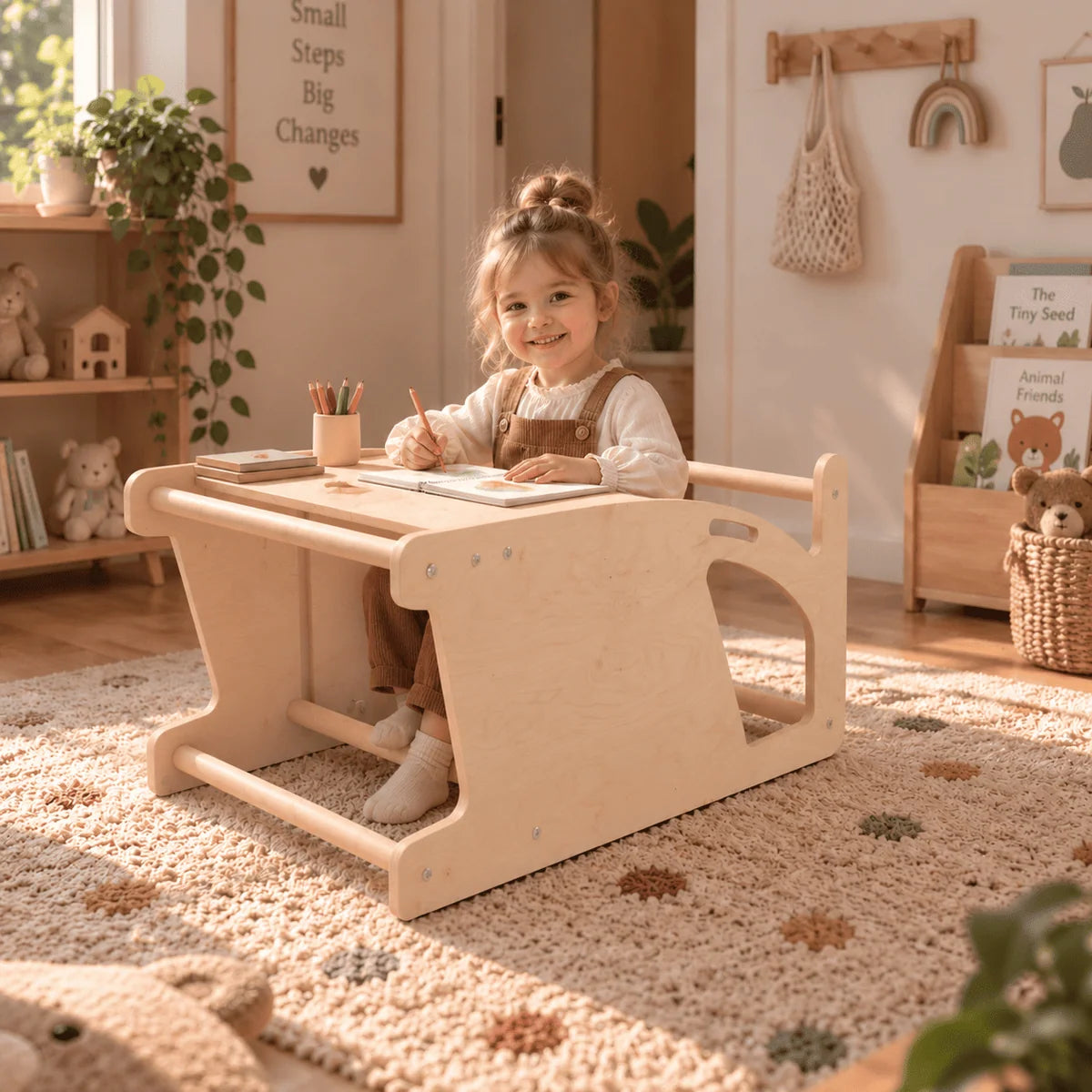 4-in-1 Kinder-Kreidetafel aus Holz mit Lernturm, Rutsche & Tisch