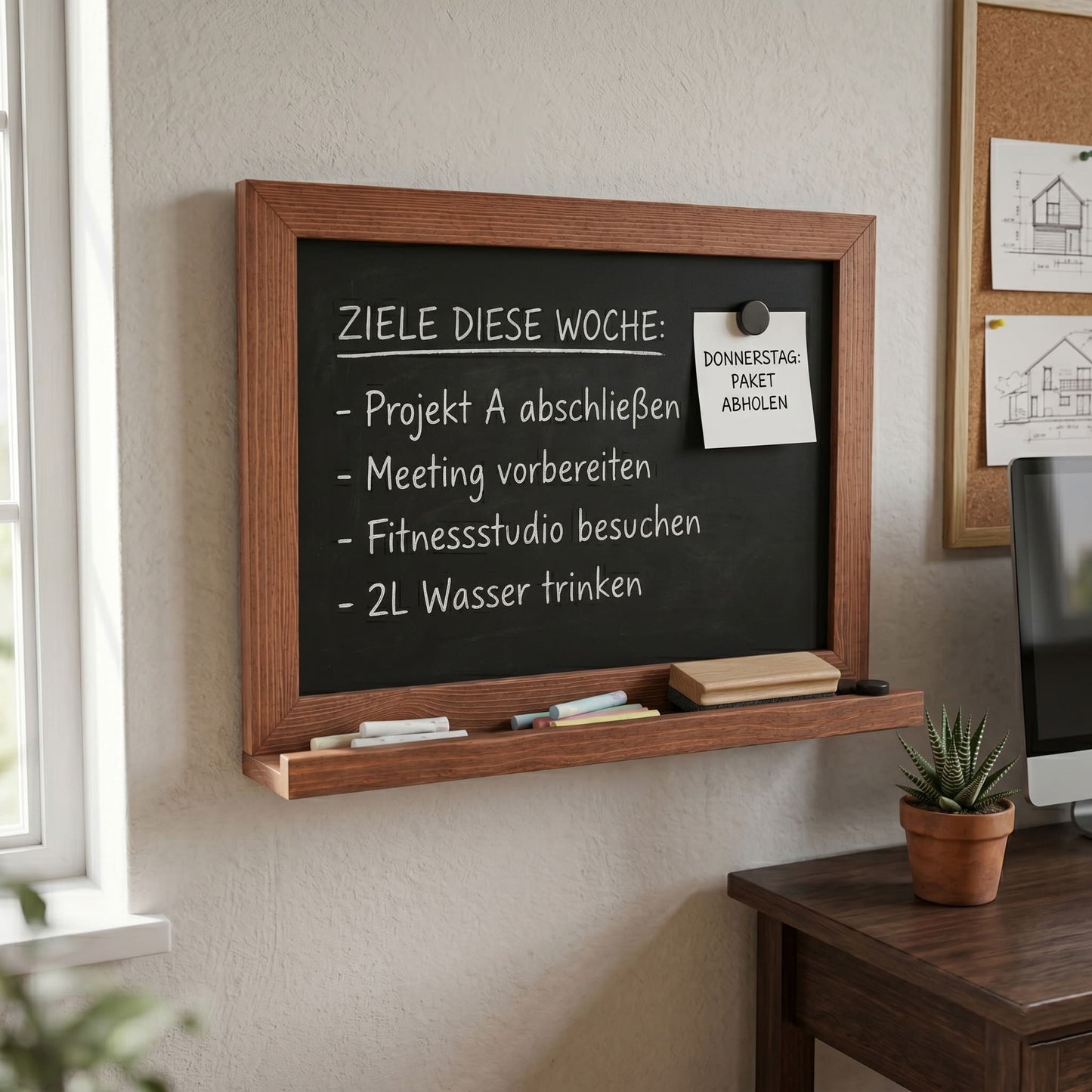 Wandkreidetafel Magnetisch mit Holzrahmen – Mahagoni Braun – 70 × 50 cm