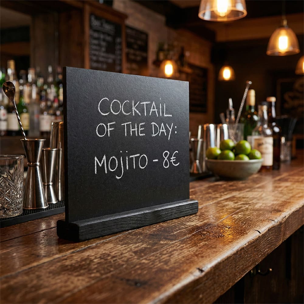 Tischaufsteller-Kreidetafeln mit Holzbasis Schwarz, Hoch- und Querformat