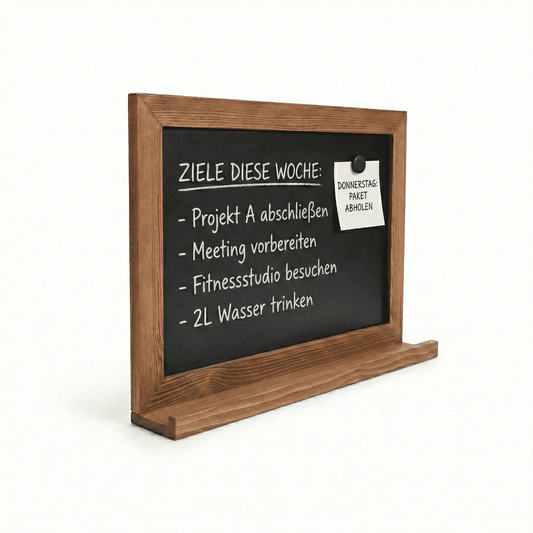 Wandkreidetafel magnetisch mit Ablage – brauner Holzrahmen (Indoor)