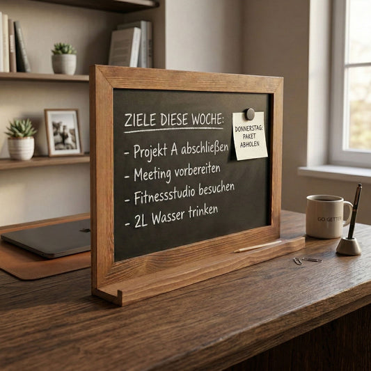 Wandkreidetafel magnetisch mit Ablage – brauner Holzrahmen (Indoor)